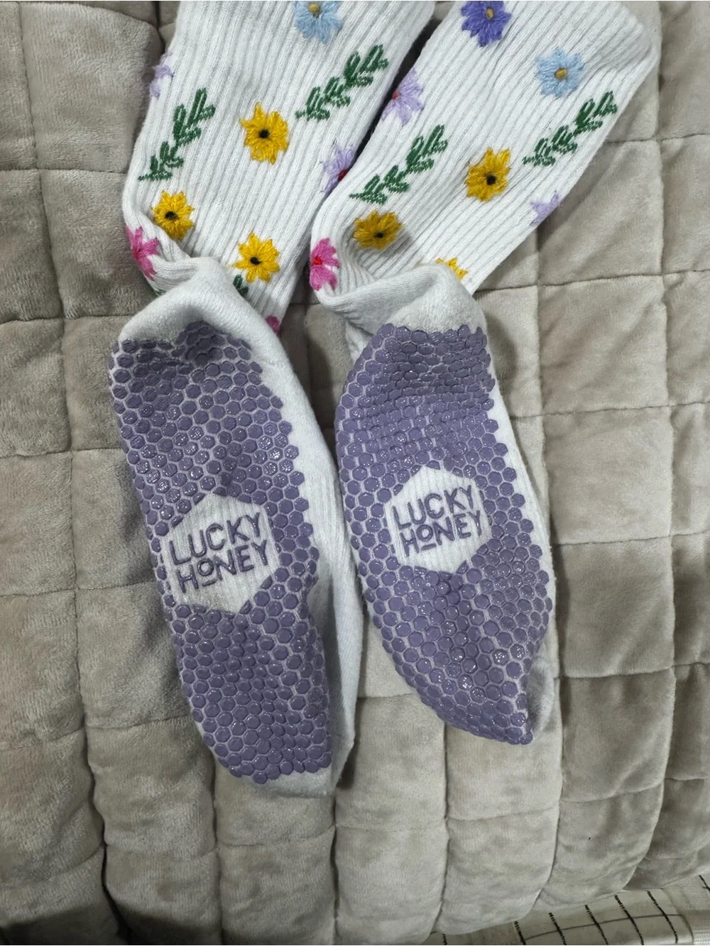 Lucky Honey Floral Grip Crew Socks - White with Yellow & Purple Flowers